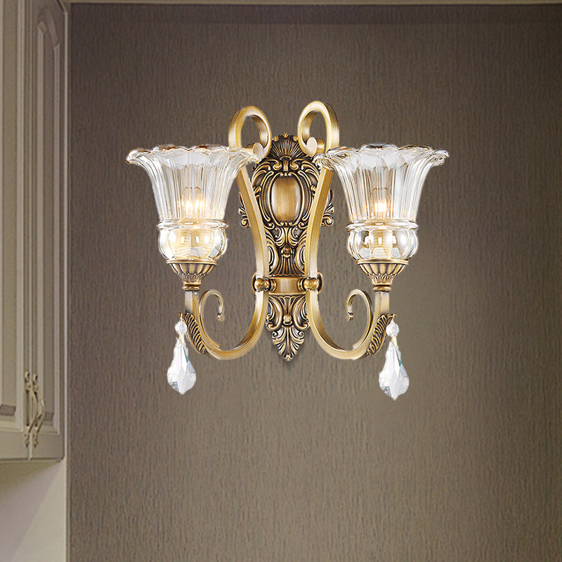 Flower Bedroom Wall Mount Light Clear Glass 1/2 Heads Contemporary Sconce Light in Brass with Crystal Drop