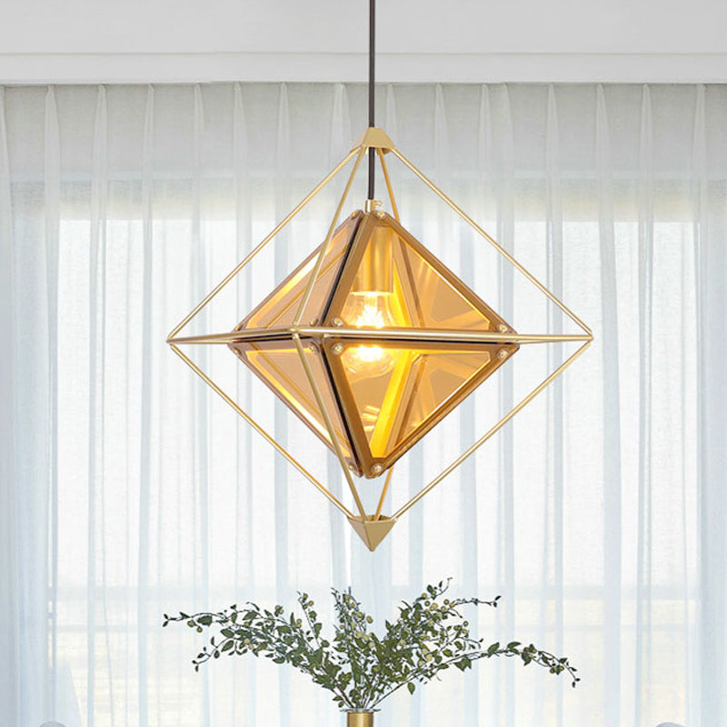 Black/Gold/Amber Glass 1-Light Drop Pendant Colonial Diamond Shape Ceiling Light Fixture with Exterior Iron Frame