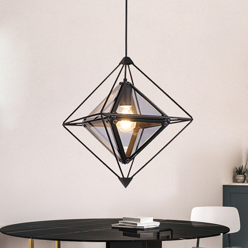 Black/Gold/Amber Glass 1-Light Drop Pendant Colonial Diamond Shape Ceiling Light Fixture with Exterior Iron Frame