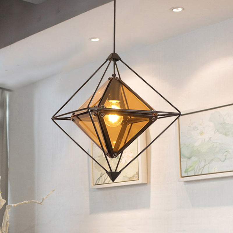 Black/Gold/Amber Glass 1-Light Drop Pendant Colonial Diamond Shape Ceiling Light Fixture with Exterior Iron Frame