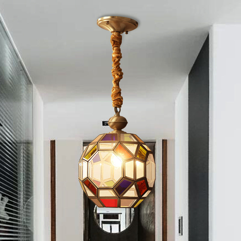 1 Bulb Faceted Disco Ball Pendant Colonial Brass Finish Ceiling Lamp with Multi-Colored Glass Shade