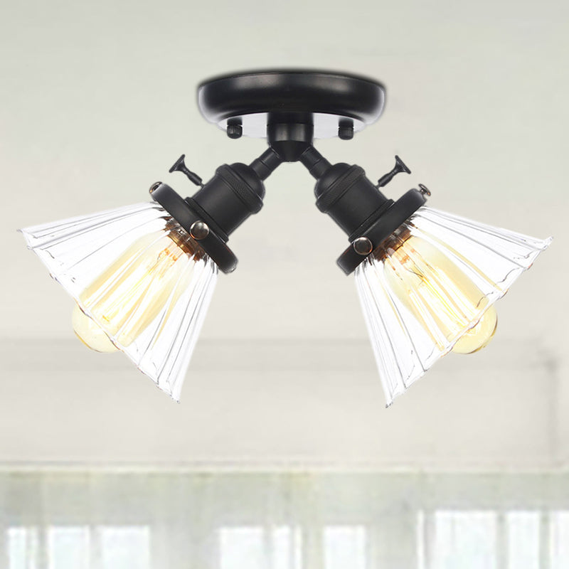 Cone Shade Bedroom Semi Mount Lighting Amber/Clear Glass 2 Heads Industrial Stylish Ceiling Flush Mount in Black/Bronze