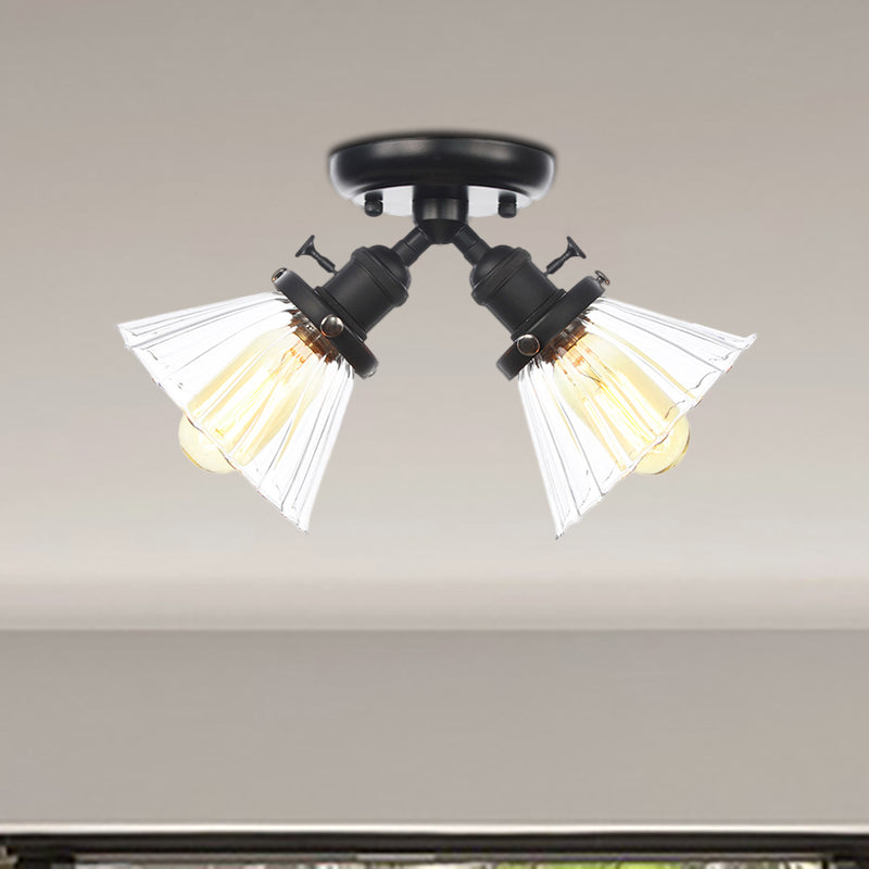 Cone Shade Bedroom Semi Mount Lighting Amber/Clear Glass 2 Heads Industrial Stylish Ceiling Flush Mount in Black/Bronze