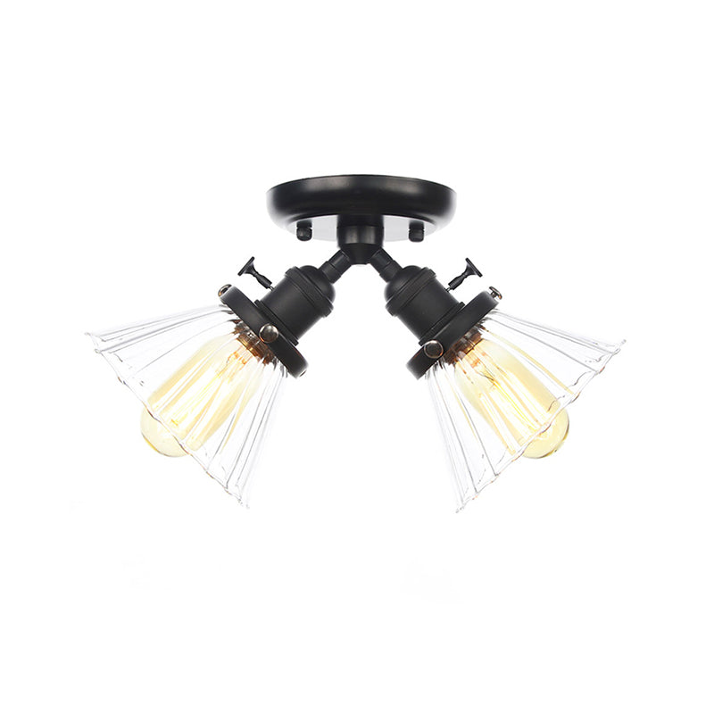 Cone Shade Bedroom Semi Mount Lighting Amber/Clear Glass 2 Heads Industrial Stylish Ceiling Flush Mount in Black/Bronze