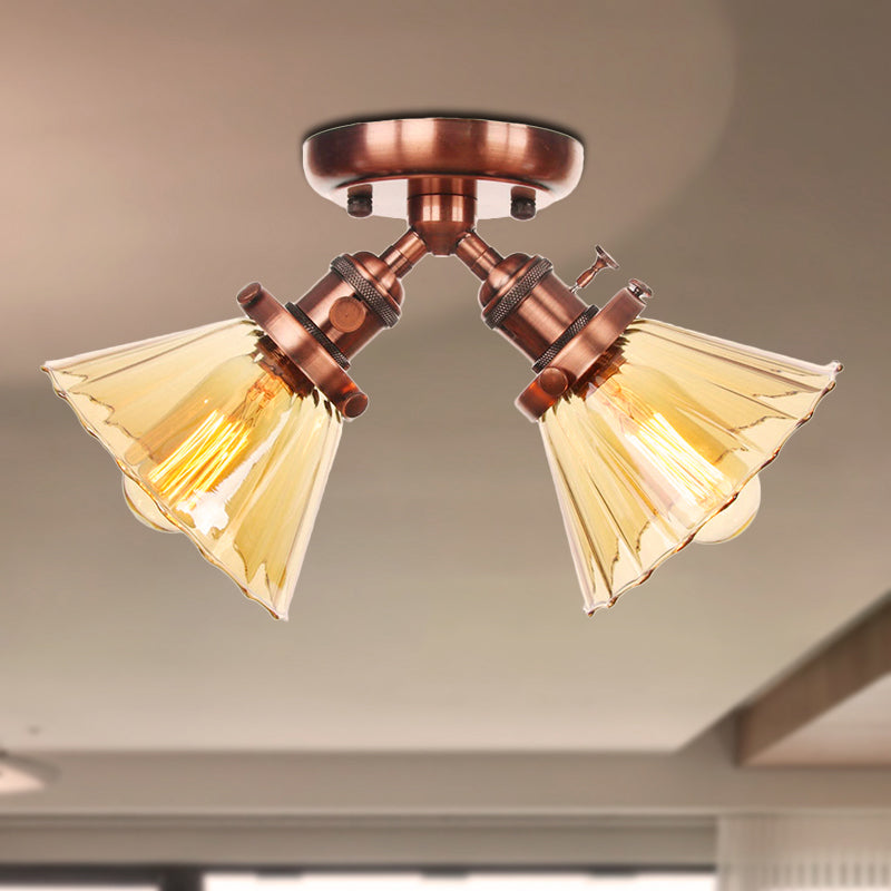 Cone Shade Bedroom Semi Mount Lighting Amber/Clear Glass 2 Heads Industrial Stylish Ceiling Flush Mount in Black/Bronze