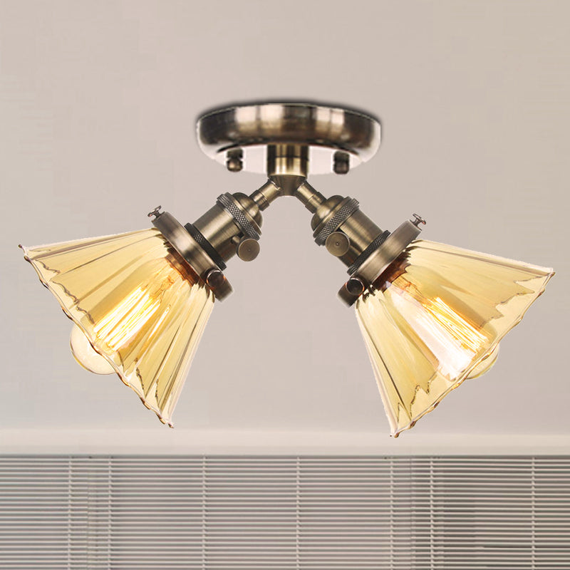 Cone Shade Bedroom Semi Mount Lighting Amber/Clear Glass 2 Heads Industrial Stylish Ceiling Flush Mount in Black/Bronze
