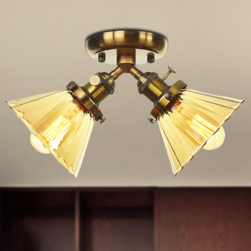Cone Shade Bedroom Semi Mount Lighting Amber/Clear Glass 2 Heads Industrial Stylish Ceiling Flush Mount in Black/Bronze