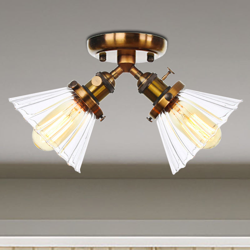 Cone Shade Bedroom Semi Mount Lighting Amber/Clear Glass 2 Heads Industrial Stylish Ceiling Flush Mount in Black/Bronze