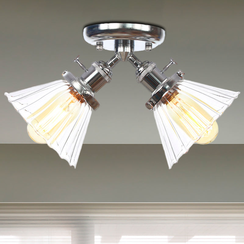 Cone Shade Bedroom Semi Mount Lighting Amber/Clear Glass 2 Heads Industrial Stylish Ceiling Flush Mount in Black/Bronze