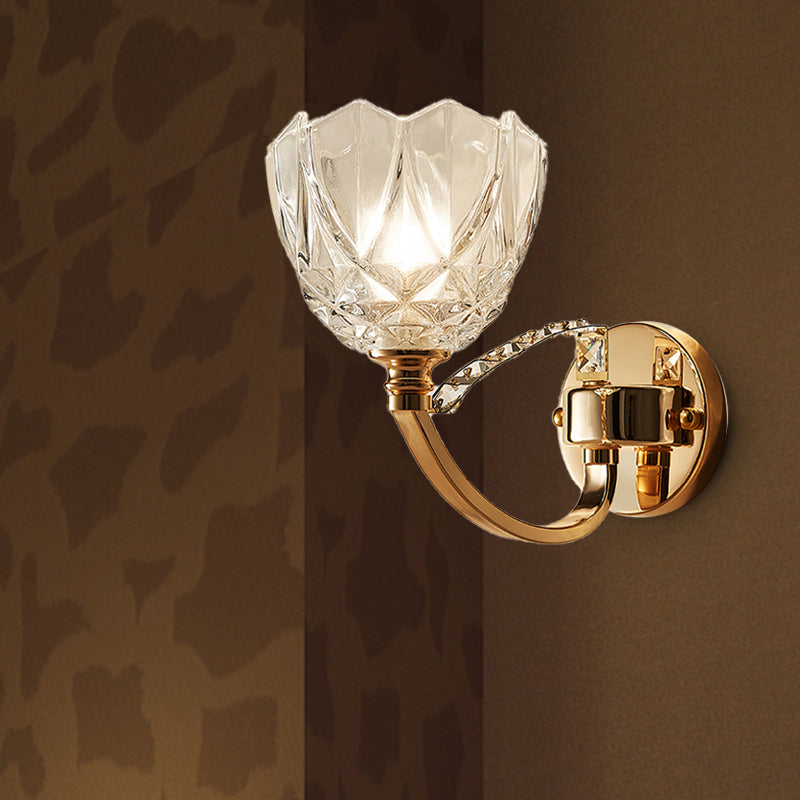 Flower Sconce Light Postmodern Clear Glass 1/2 Heads Gold Wall Mount Light with Crystal Accent