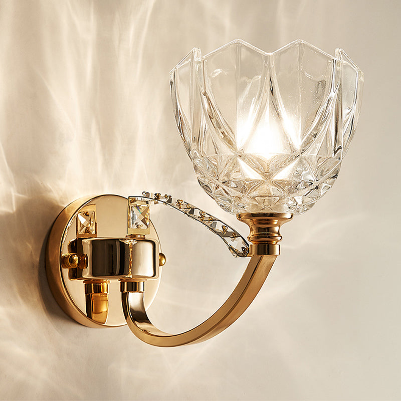 Flower Sconce Light Postmodern Clear Glass 1/2 Heads Gold Wall Mount Light with Crystal Accent