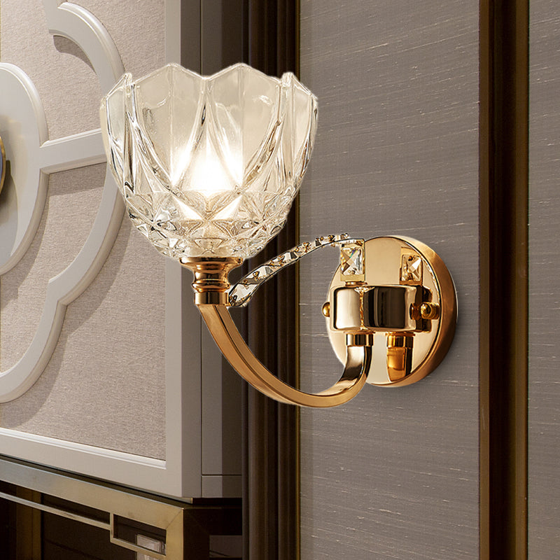 Flower Sconce Light Postmodern Clear Glass 1/2 Heads Gold Wall Mount Light with Crystal Accent