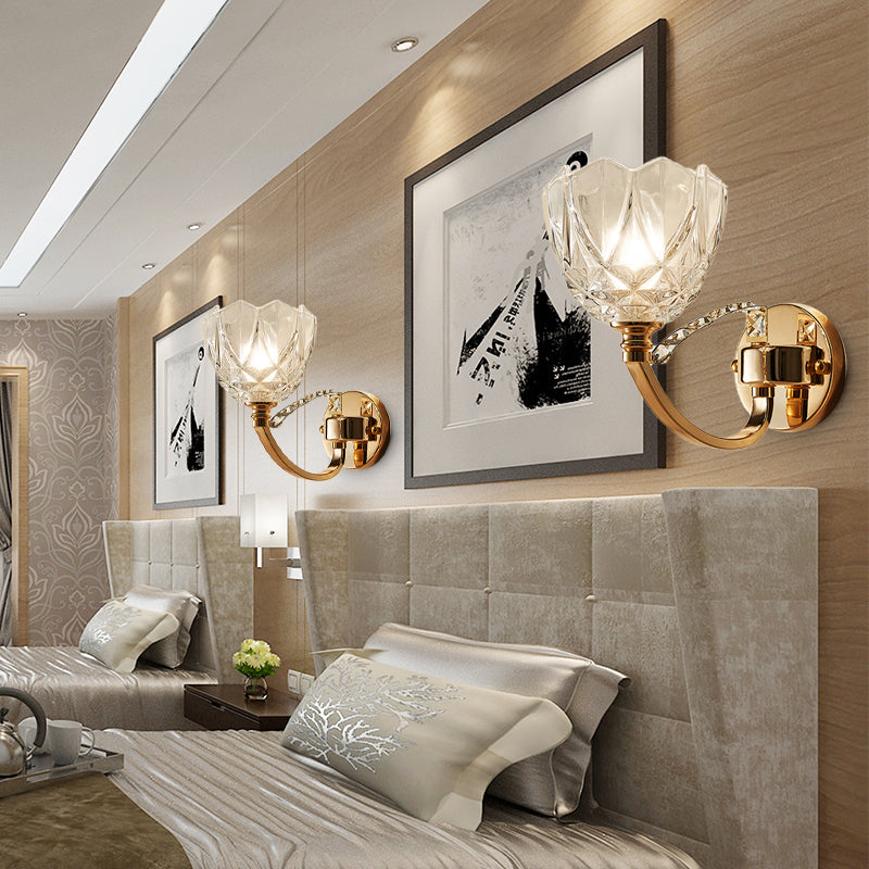 Flower Sconce Light Postmodern Clear Glass 1/2 Heads Gold Wall Mount Light with Crystal Accent