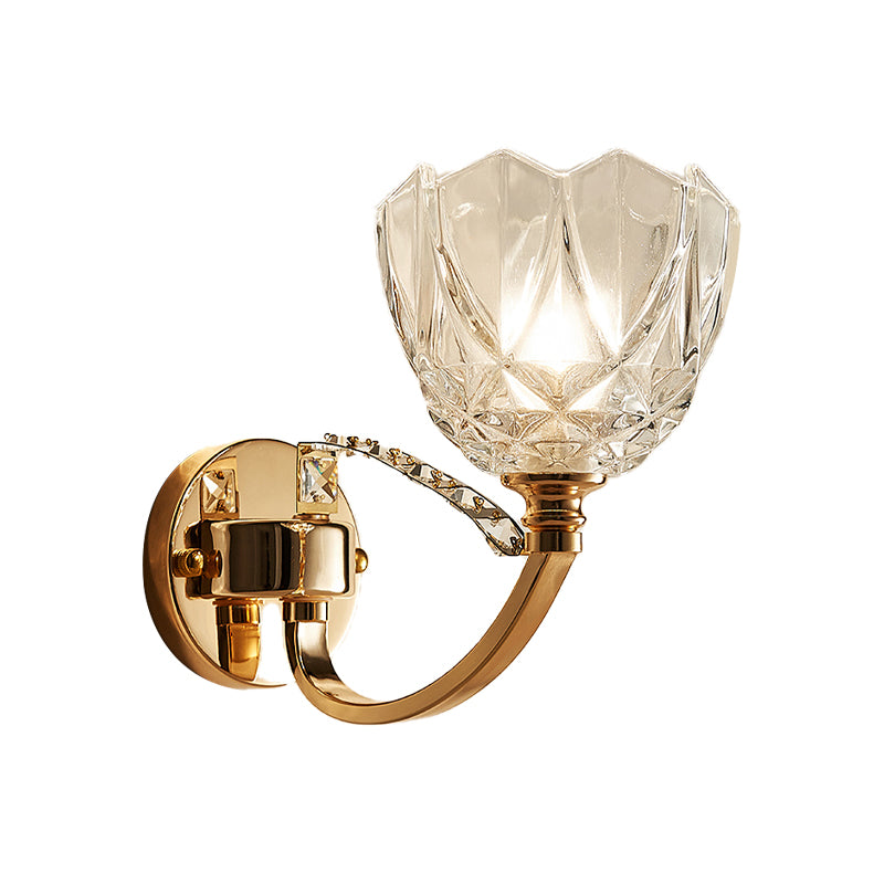 Flower Sconce Light Postmodern Clear Glass 1/2 Heads Gold Wall Mount Light with Crystal Accent