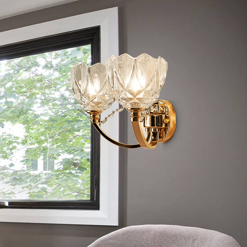 Flower Sconce Light Postmodern Clear Glass 1/2 Heads Gold Wall Mount Light with Crystal Accent