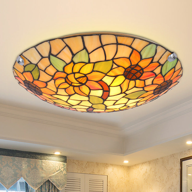 Flower&Leaf Pattern Tiffany Ceiling Light Stained Glass Shade Retro Mediterranean Style Flush Mount Lighting Fixtures for Restaurant Entrance Hall