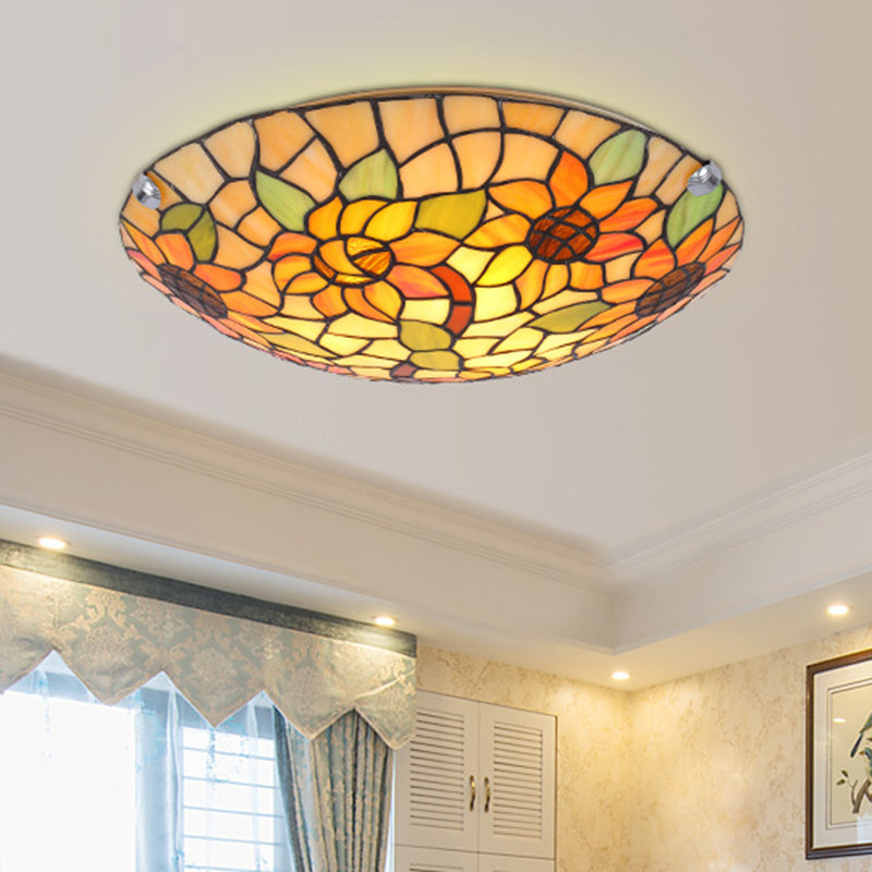 Flower&Leaf Pattern Tiffany Ceiling Light Stained Glass Shade Retro Mediterranean Style Flush Mount Lighting Fixtures for Restaurant Entrance Hall