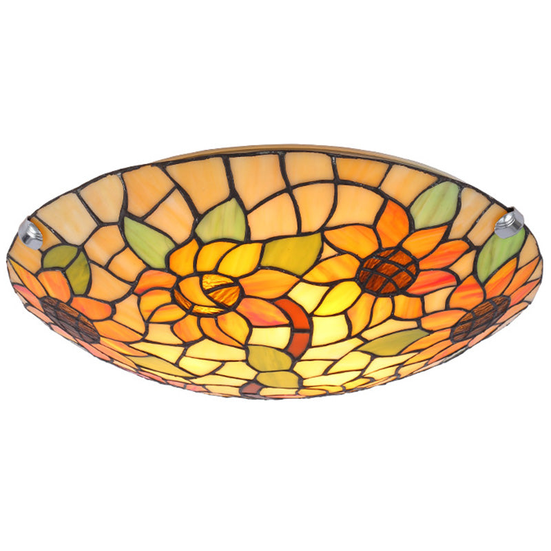 Flower&Leaf Pattern Tiffany Ceiling Light Stained Glass Shade Retro Mediterranean Style Flush Mount Lighting Fixtures for Restaurant Entrance Hall