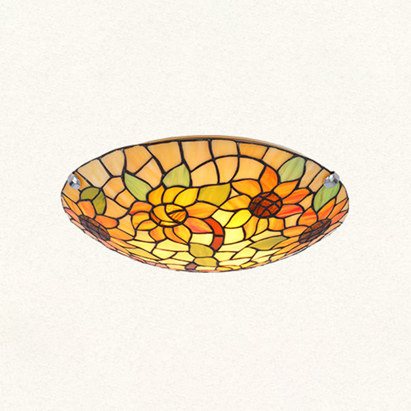 Flower&Leaf Pattern Tiffany Ceiling Light Stained Glass Shade Retro Mediterranean Style Flush Mount Lighting Fixtures for Restaurant Entrance Hall