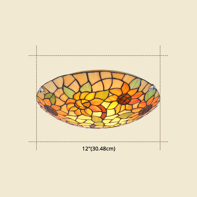 Flower&Leaf Pattern Tiffany Ceiling Light Stained Glass Shade Retro Mediterranean Style Flush Mount Lighting Fixtures for Restaurant Entrance Hall