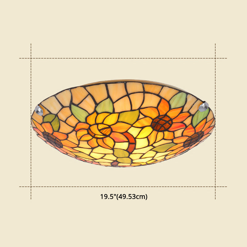 Flower&Leaf Pattern Tiffany Ceiling Light Stained Glass Shade Retro Mediterranean Style Flush Mount Lighting Fixtures for Restaurant Entrance Hall