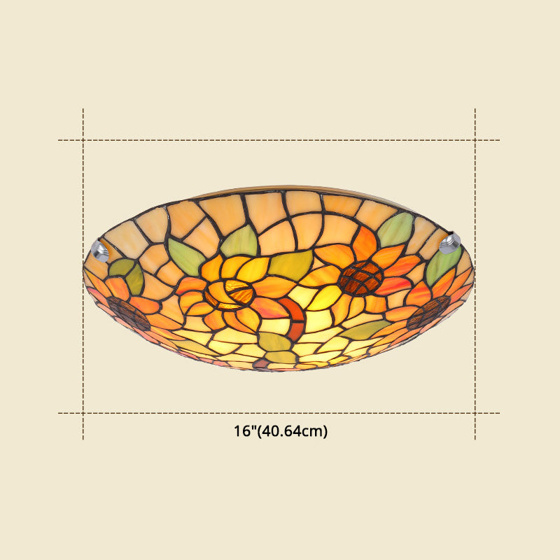 Flower&Leaf Pattern Tiffany Ceiling Light Stained Glass Shade Retro Mediterranean Style Flush Mount Lighting Fixtures for Restaurant Entrance Hall