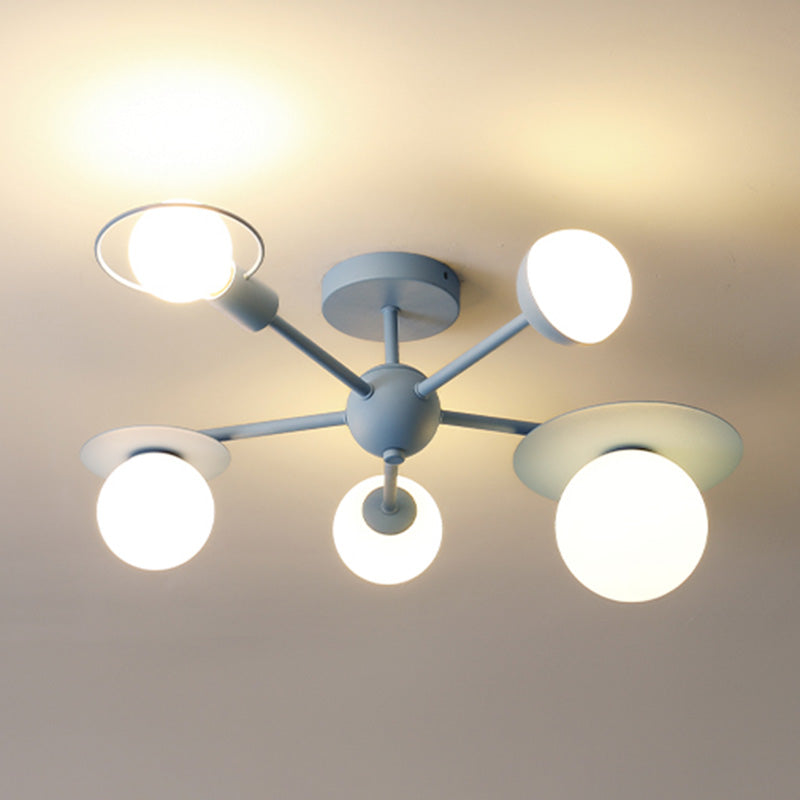 5-Light Macaroon Style Ceiling Light Northern Europe Iron Art Semi-flush Mount Lighting Fixture Lamp for Kindergarten Hallway Bedroom