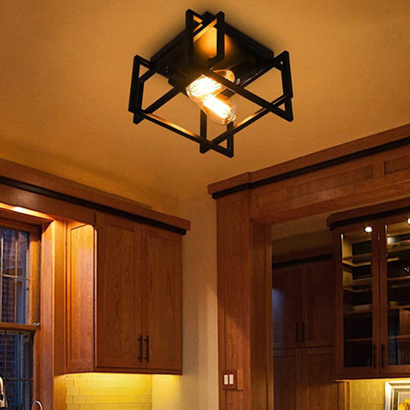 Lámpara de techo industrial retro de hierro forjado con pantalla de marco de hierro en negro