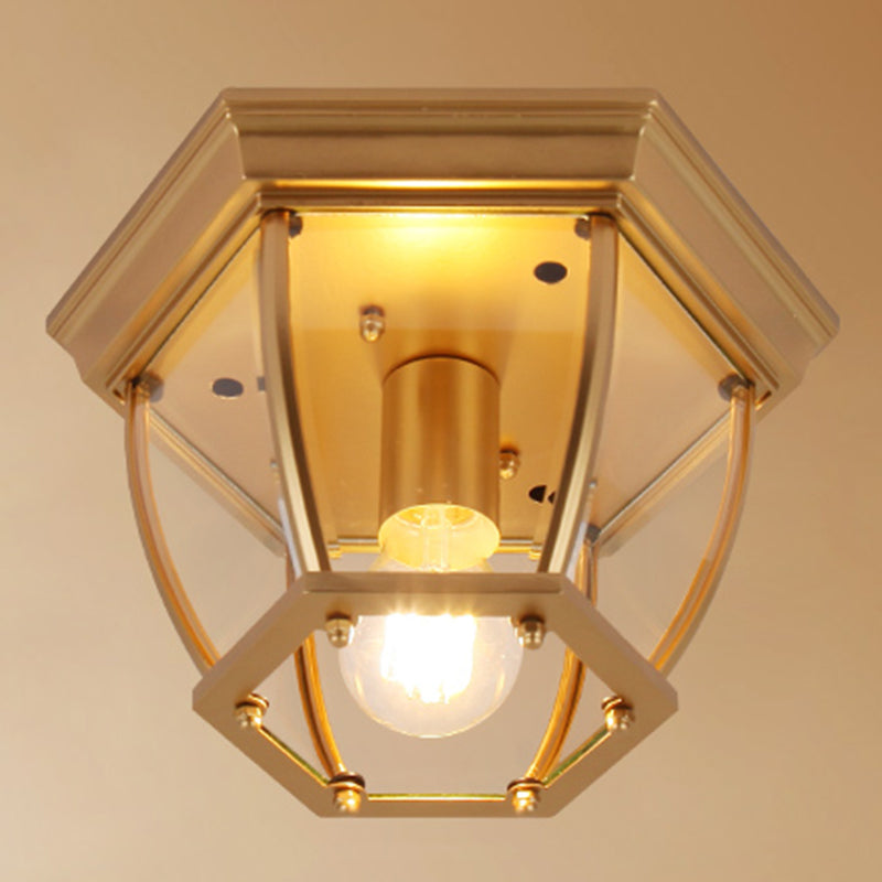 Traditional Colonial Style Ceiling Light with Glass Shade 1 Light Polyhedron Flush-mount Light for Bedroom