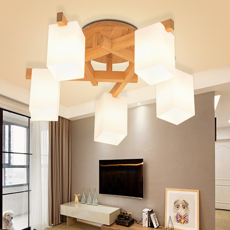 Branche en bois Light Plafond Light moderne Mount Mount Light avec une teinte en verre givré blanc laiteux