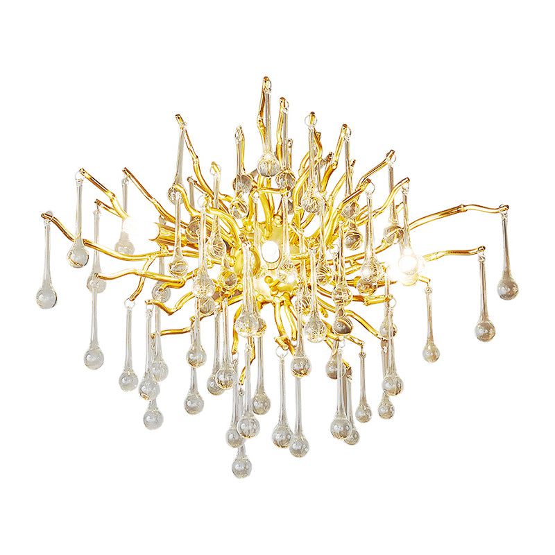 Starburst Wall Mount Light Art Deco Clear/Smoke Gray/Multicolor Waterdrop Crystal 3 Heads Gold Sconce Light Fixture
