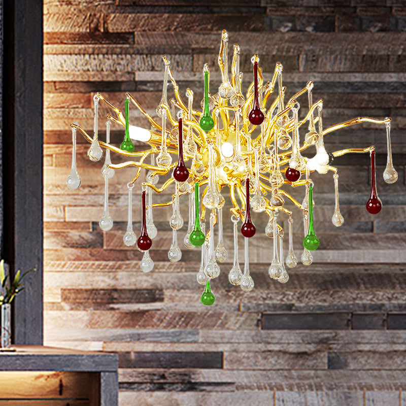 Starburst Wall Mount Light Art Deco Clear/Smoke Gray/Multicolor Waterdrop Crystal 3 Heads Gold Sconce Light Fixture