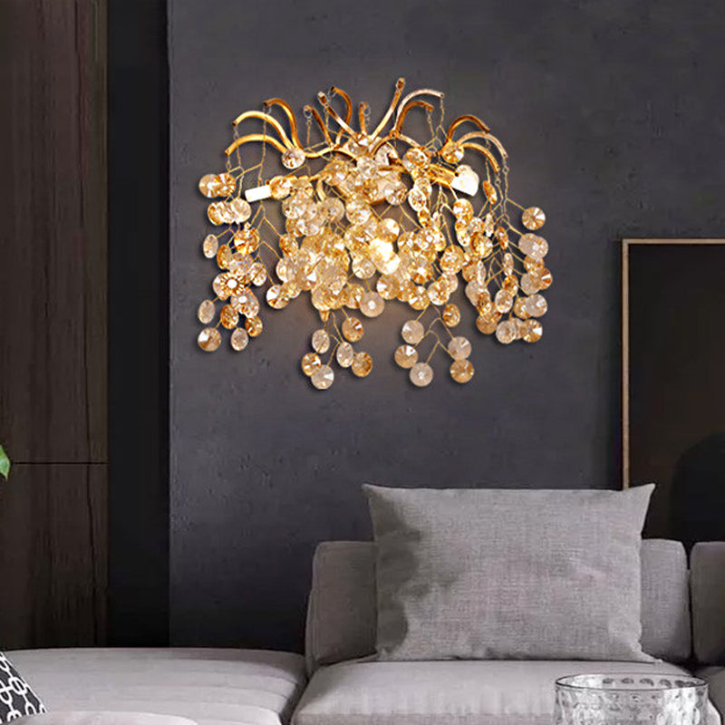 Applique murale en cristal à facettes, branche postmoderne à 3 têtes, luminaire doré pour salon