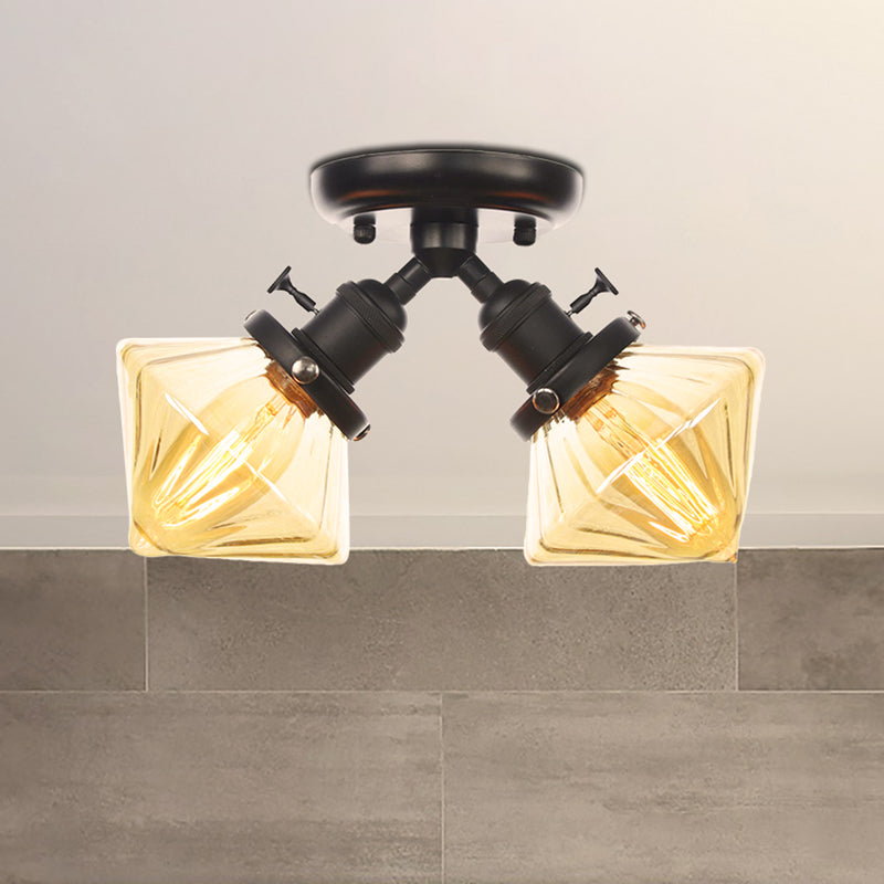 Diamond Amber/Clear Glass Semi Mount Lighting Farmhouse 2 Lights Black/Bronze Semi Flush Light Fixture for Restaurant