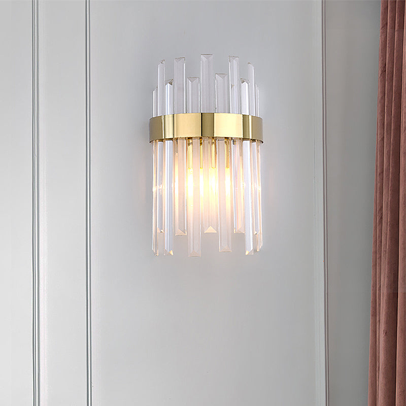 2 Heads Bedroom Wall Light Postmodern Black/Gold Sconce Light Fixture with Half-Cylinder Three Side Crystal Rod Shade