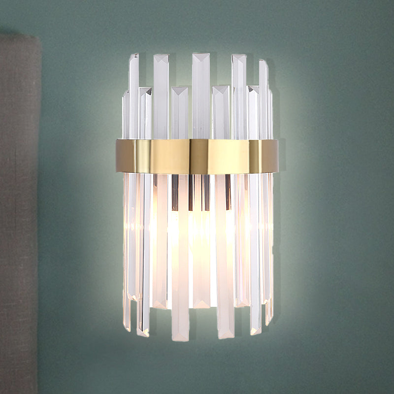 2 Heads Bedroom Wall Light Postmodern Black/Gold Sconce Light Fixture with Half-Cylinder Three Side Crystal Rod Shade