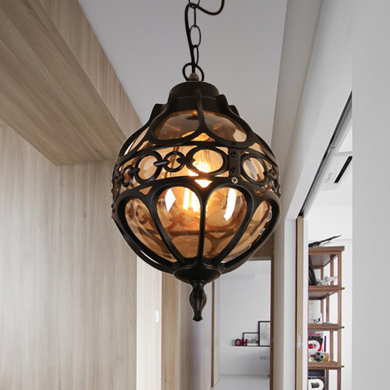 Restaurant rond Hanging Light Farmhouse Amber Glass 1 Light Black / Brass Plafond Suspension Lampe avec cage
