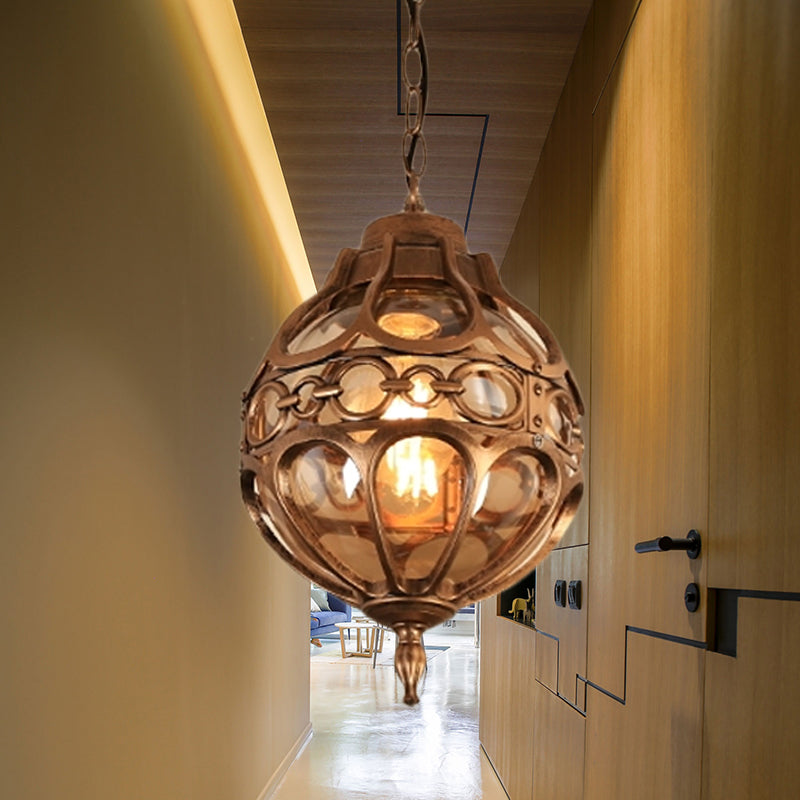 Restaurant rond Hanging Light Farmhouse Amber Glass 1 Light Black / Brass Plafond Suspension Lampe avec cage