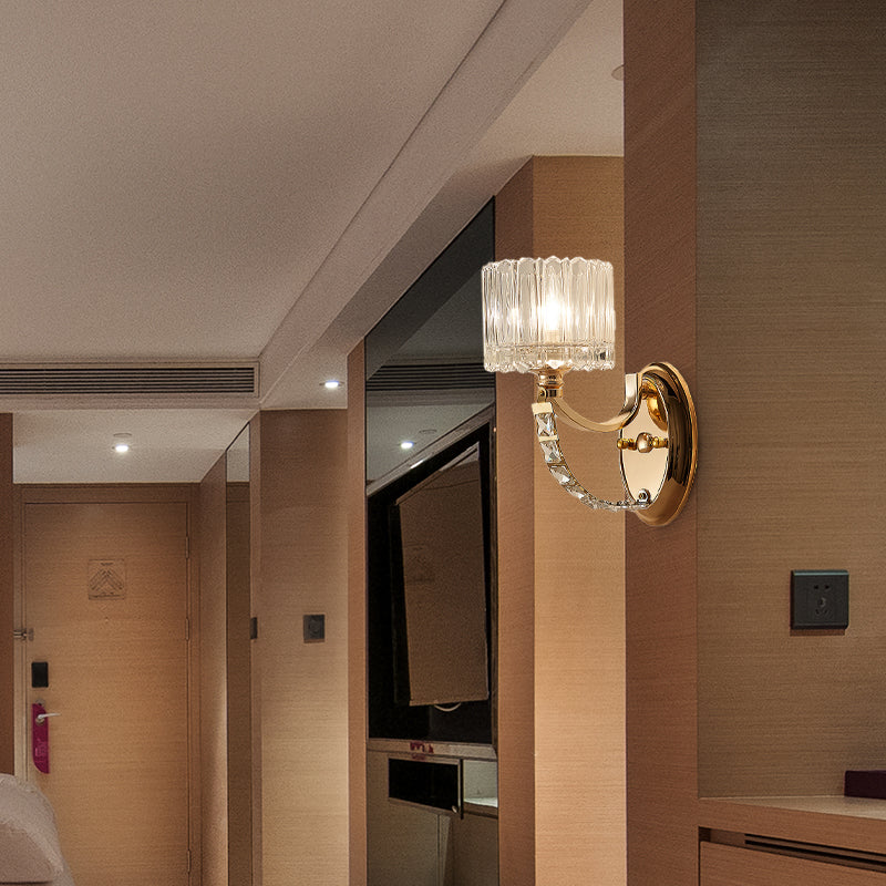 1 Head Bedroom Wall Light Modern Brass Sconce Light Fixture with Bowl/Cylinder Clear Glass Shade