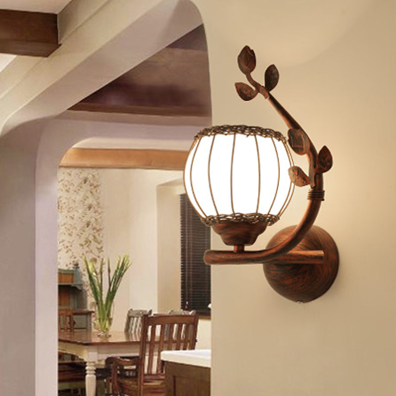 1 Light Bedroom Wall Mounted Lamp Rustic Dark Wood Sconce Light with Globe Milky Glass Shade, Right/Left