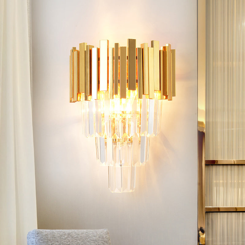 4 Layers Wall Light Fixture Postmodern Tri-Sided Crystal Rod 2 Heads Gold Sconce Light