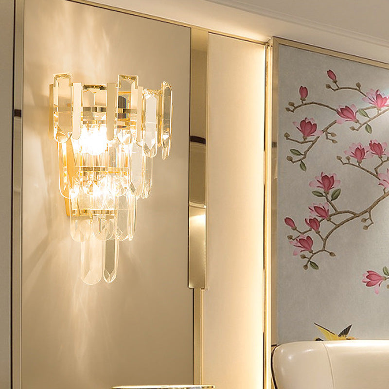 Gold 4 Layers Wall Mounted Light Modern 3 Heads Crystal Block Sconce Light Fixture