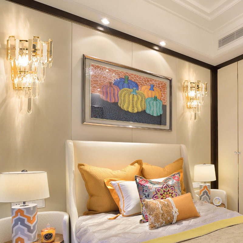 Gold 4 Layers Wall Mounted Light Modern 3 Heads Crystal Block Sconce Light Fixture