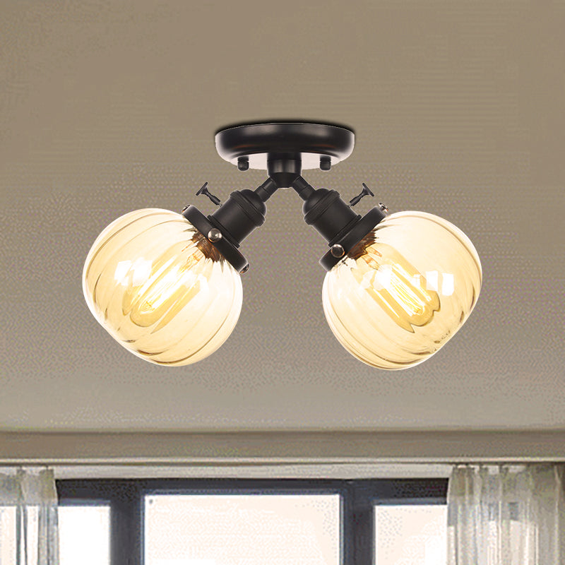 Amber/Clear Glass Ball Semi Flush Light Industrial Style Style 2 Heads Black/Bronze Affermazione per il ristorante