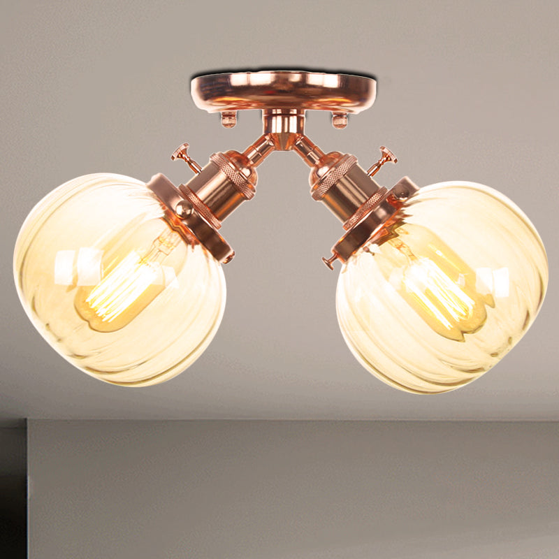 Amber/Clear Glass Ball Semi Flush Light Industrial Style Style 2 Heads Black/Bronze Affermazione per il ristorante