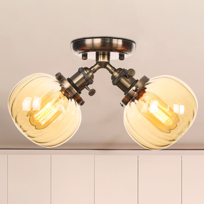 Amber/Clear Glass Ball Semi Flush Light Industrial Style Style 2 Heads Black/Bronze Affermazione per il ristorante