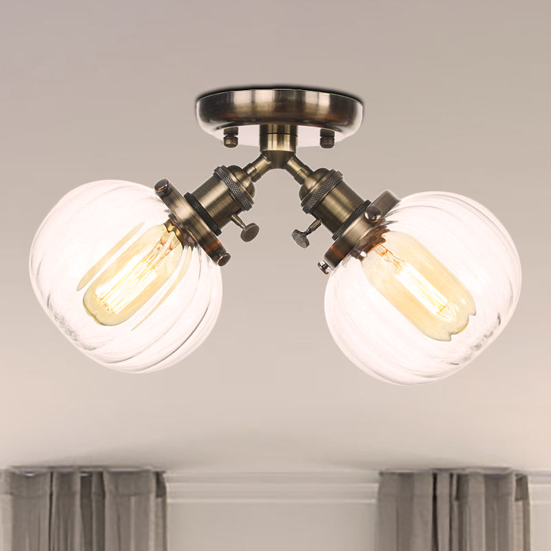 Amber/Clear Glass Ball Semi Flush Light Industrial Style Style 2 Heads Black/Bronze Affermazione per il ristorante