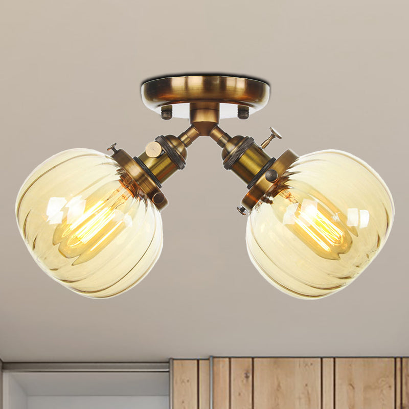 Amber/Clear Glass Ball Semi Flush Light Industrial Style Style 2 Heads Black/Bronze Affermazione per il ristorante