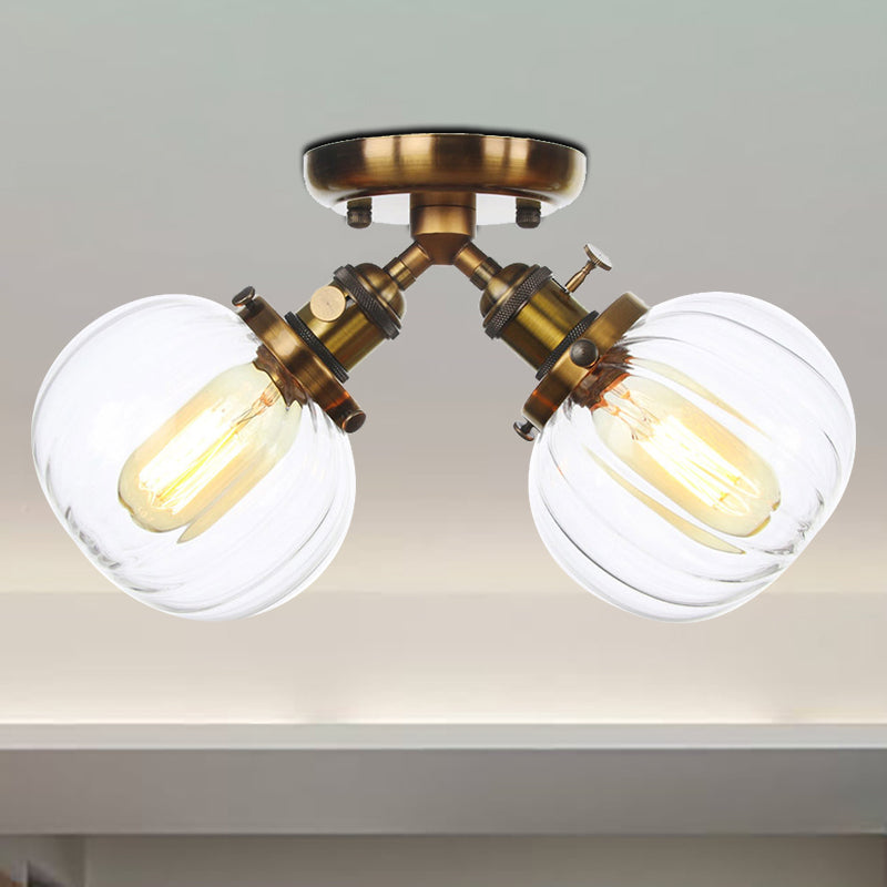 Amber/Clear Glass Ball Semi Flush Light Industrial Style Style 2 Heads Black/Bronze Affermazione per il ristorante