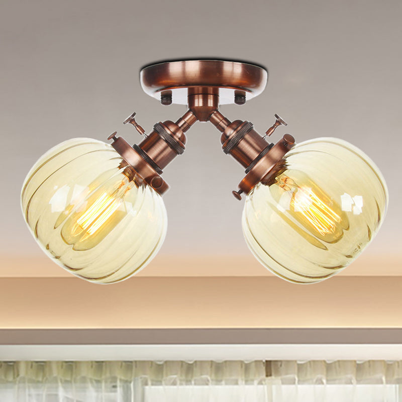 Amber/Clear Glass Ball Semi Flush Light Industrial Style Style 2 Heads Black/Bronze Affermazione per il ristorante